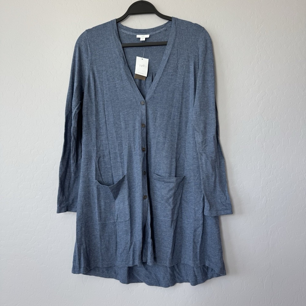 NWT J.Jill XS Cardigan Blue Long Sleeve Button Front Pockets Heathered Knit